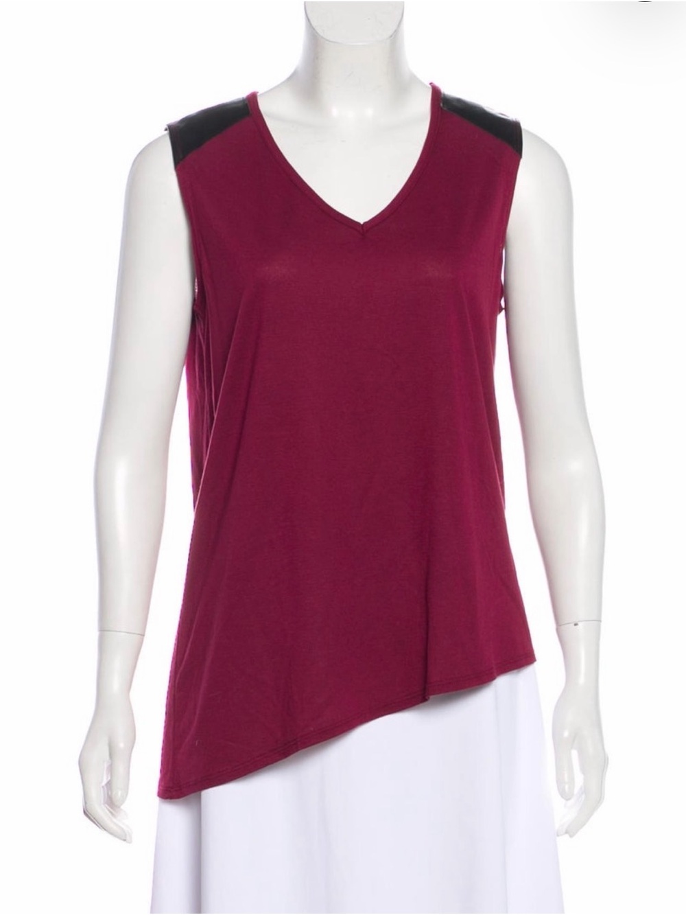 Barneys New York Burgundy V-Neck Asymmetrical Tank with Black Leather Accents M